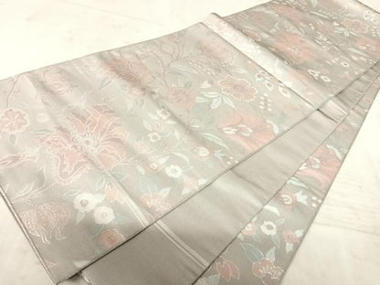 平和屋着物◎全通柄袋帯　更紗花文　銀糸　正絹　逸品　AAAX7567yx