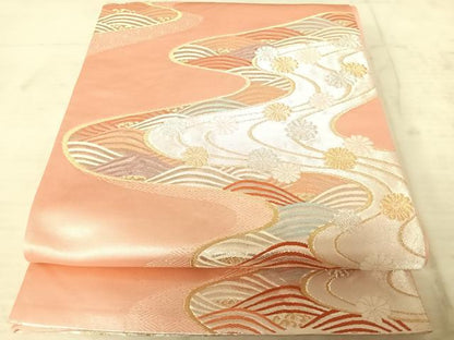 平和屋着物◎六通柄袋帯　流水花文　金銀糸　正絹　逸品　AAAX7570yx