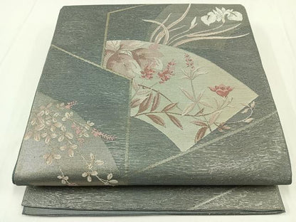 平和屋着物＊夏物 六通柄袋帯 地紙花文 銀糸 正絹 逸品 AAAX7673jh