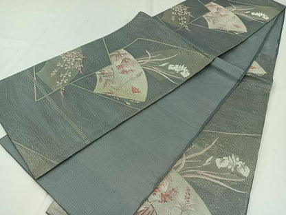 平和屋着物＊夏物 六通柄袋帯 地紙花文 銀糸 正絹 逸品 AAAX7673jh