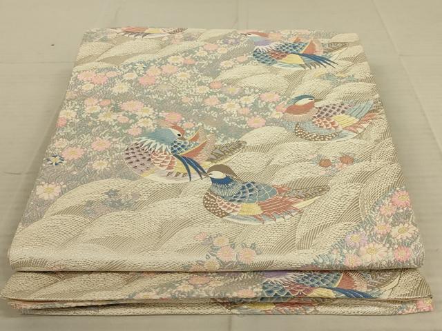 平和屋着物◎六通柄袋帯　唐織　鴛鴦花文　銀糸　正絹　逸品　AAAX7926ou