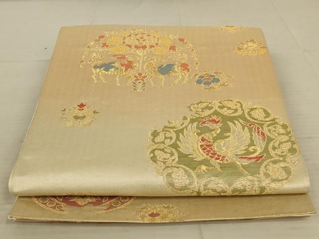 平和屋着物◎六通柄袋帯　更紗花文　動物　金糸　正絹　逸品　AAAX7941ou