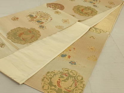 平和屋着物◎六通柄袋帯　更紗花文　動物　金糸　正絹　逸品　AAAX7941ou