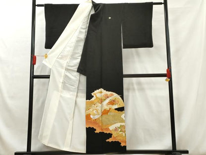 平和屋着物■豪華黒留袖 駒刺繍 地紙花鳥文 金彩 金銀糸 正絹 逸品 AAAX8079cs