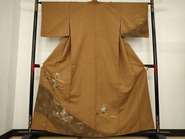 平和屋着物●訪問着 紬地 雪芝枝花文 暈し染め 金彩 正絹 逸品 AAAX8330ck