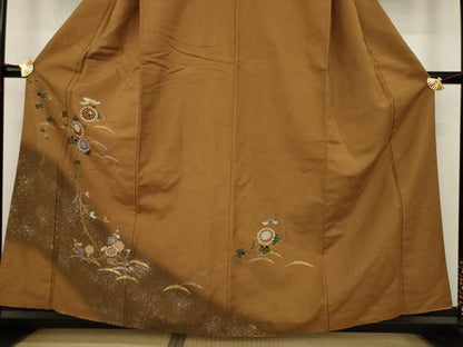 平和屋着物●訪問着 紬地 雪芝枝花文 暈し染め 金彩 正絹 逸品 AAAX8330ck