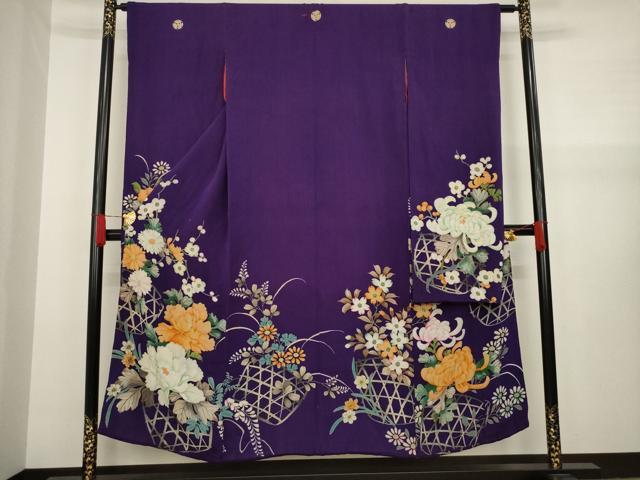 平和屋本店●アンティーク 大正ロマン 振袖 中国三大刺繍 相良刺繍 花篭文 正絹 逸品 AABF7056ck