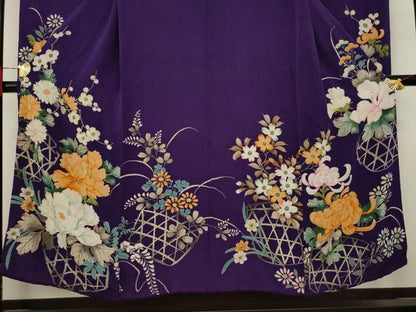 平和屋本店●アンティーク 大正ロマン 振袖 中国三大刺繍 相良刺繍 花篭文 正絹 逸品 AABF7056ck