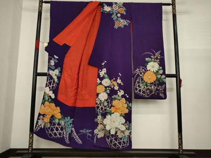 平和屋本店●アンティーク 大正ロマン 振袖 中国三大刺繍 相良刺繍 花篭文 正絹 逸品 AABF7056ck