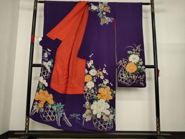 平和屋本店●アンティーク 大正ロマン 振袖 中国三大刺繍 相良刺繍 花篭文 正絹 逸品 AABF7056ck