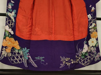 平和屋本店●アンティーク 大正ロマン 振袖 中国三大刺繍 相良刺繍 花篭文 正絹 逸品 AABF7056ck