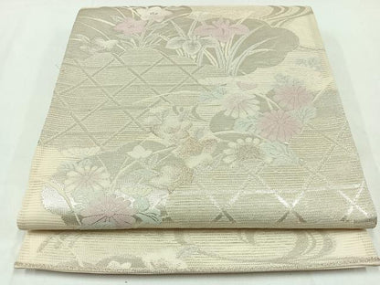 平和屋着物＊夏物 六通柄袋帯 流水花籬文 銀糸 正絹 逸品 AAAX9447jh