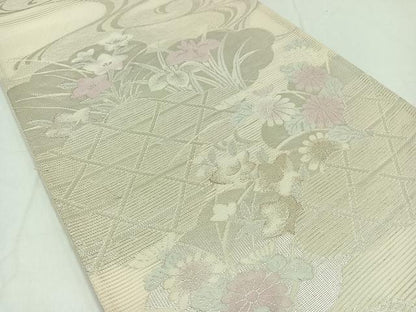 平和屋着物＊夏物 六通柄袋帯 流水花籬文 銀糸 正絹 逸品 AAAX9447jh