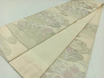 平和屋着物＊夏物 六通柄袋帯 流水花籬文 銀糸 正絹 逸品 AAAX9447jh