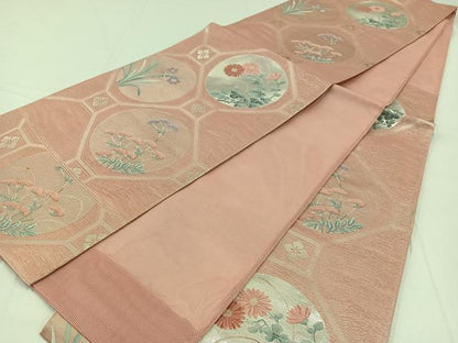 平和屋着物＊夏物 六通柄袋帯 蜀江花丸文 銀糸 正絹 逸品 AAAX9451jh