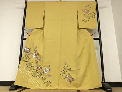平和屋着物●京友禅作家　米沢新之助　訪問着　駒刺繍　花唐草文　金彩　正絹　逸品　AAAY0003zg