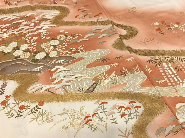 平和屋着物●訪問着　駒刺繍　松竹梅流水文　暈し染め　金彩　正絹　逸品　AAAY0031zg