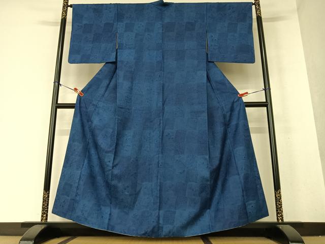 平和屋着物●総刺繍 小紋 藍 花冊子文 正絹 逸品 AAAY0042zg
