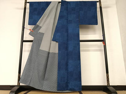 平和屋着物●総刺繍 小紋 藍 花冊子文 正絹 逸品 AAAY0042zg