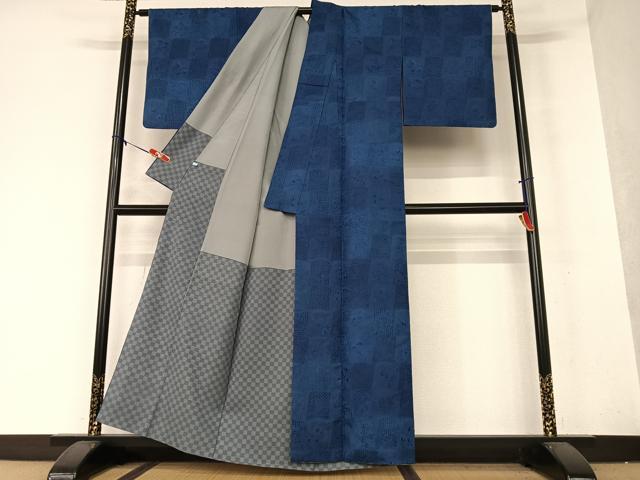 平和屋着物●総刺繍 小紋 藍 花冊子文 正絹 逸品 AAAY0042zg
