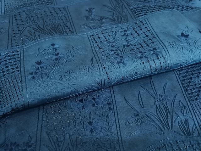 平和屋着物●総刺繍 小紋 藍 花冊子文 正絹 逸品 AAAY0042zg