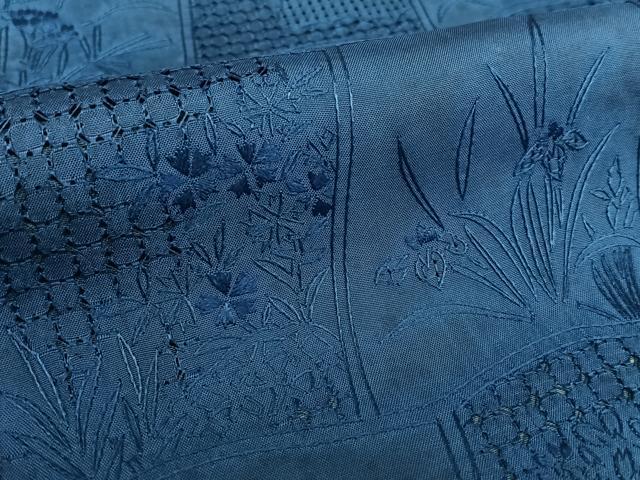 平和屋着物●総刺繍 小紋 藍 花冊子文 正絹 逸品 AAAY0042zg