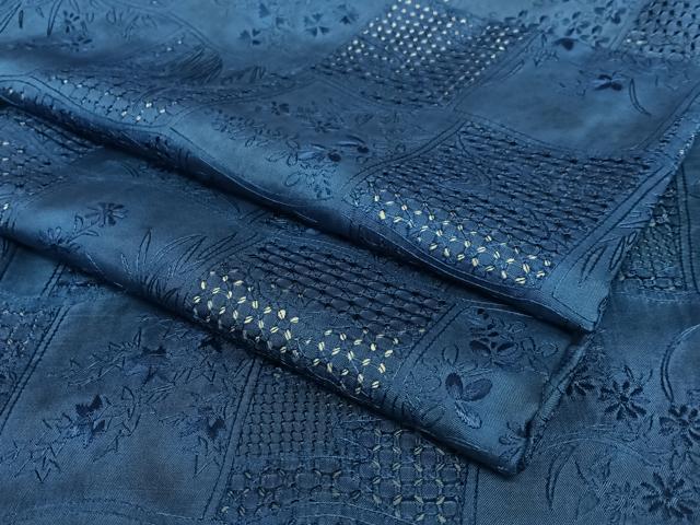 平和屋着物●総刺繍 小紋 藍 花冊子文 正絹 逸品 AAAY0042zg
