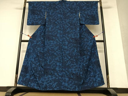 平和屋着物●本藍 小紋 型染め 風景草花文 正絹 逸品 AAAY0077zg