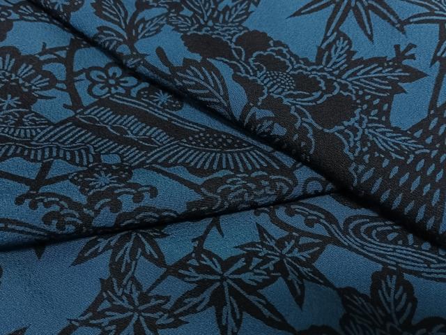 平和屋着物●本藍 小紋 型染め 風景草花文 正絹 逸品 AAAY0077zg