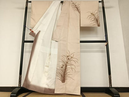 平和屋着物●訪問着 紬地 手描き 草花文 正絹 逸品 AAAY0094zg