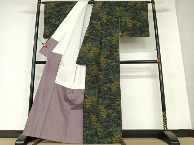平和屋着物●上質な紬 樹林風景文 黒地 正絹 逸品 AAAY0106zg