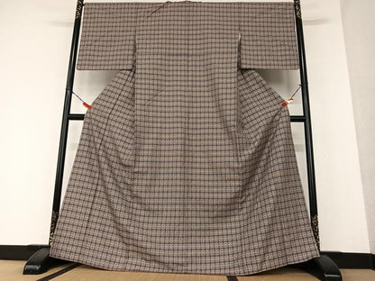 平和屋着物●花織　紬　花格子　正絹　逸品　AAAY0127zg