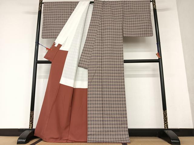 平和屋着物●花織　紬　花格子　正絹　逸品　AAAY0127zg