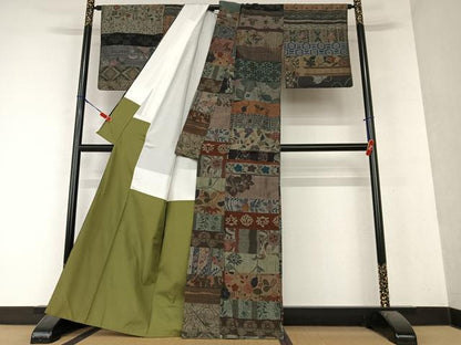 平和屋着物●本場小千谷紬　横段花文　正絹　逸品　AAAY0128zg