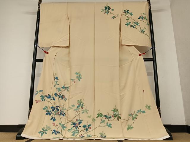平和屋着物●本加賀友禅作家　小野てる美　訪問着　枝花文　浜ちりめん　仮絵羽　正絹　逸品　未使用　AAAY0156zg