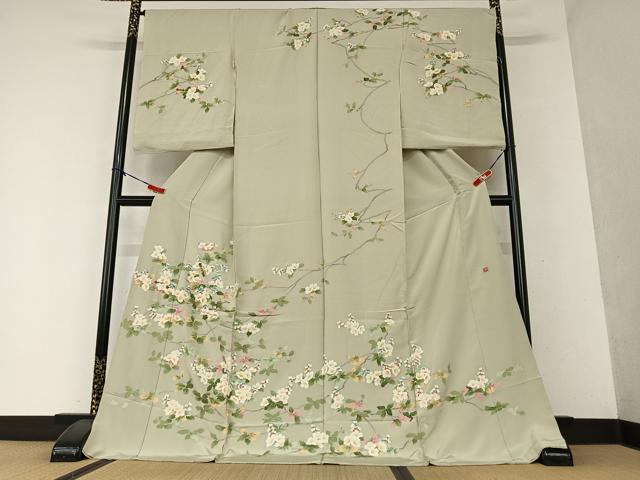 平和屋着物●本加賀友禅作家　鶴見保次　訪問着　枝花文　浜ちりめん　上代110万円　仮絵羽　正絹　逸品　未使用　AAAY0157zg
