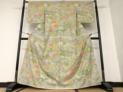 平和屋着物●訪問着 お召地 草花文 正絹 逸品 AAAY0261zg
