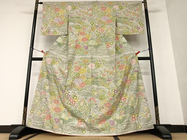 平和屋着物●訪問着 お召地 草花文 正絹 逸品 AAAY0261zg