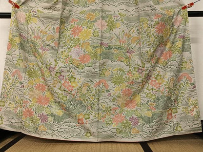 平和屋着物●訪問着 お召地 草花文 正絹 逸品 AAAY0261zg
