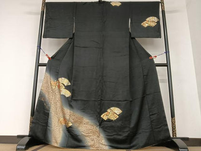 平和屋着物●訪問着 刺繍 地紙重ね花文 暈し染め 黒地 金彩 正絹 逸品 AAAY0278zg