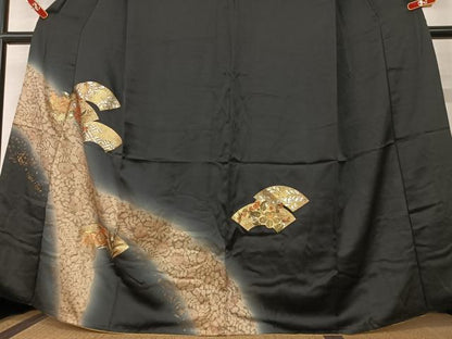 平和屋着物●訪問着 刺繍 地紙重ね花文 暈し染め 黒地 金彩 正絹 逸品 AAAY0278zg