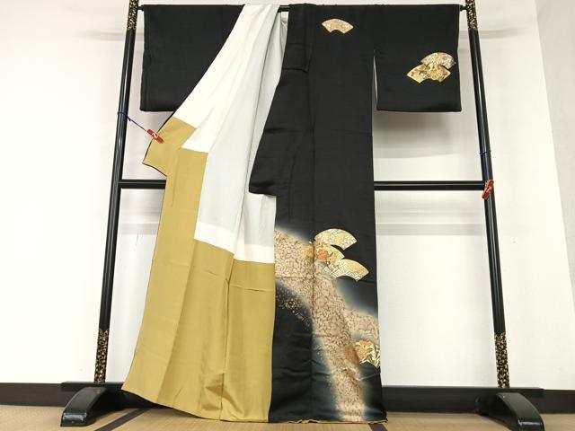 平和屋着物●訪問着 刺繍 地紙重ね花文 暈し染め 黒地 金彩 正絹 逸品 AAAY0278zg