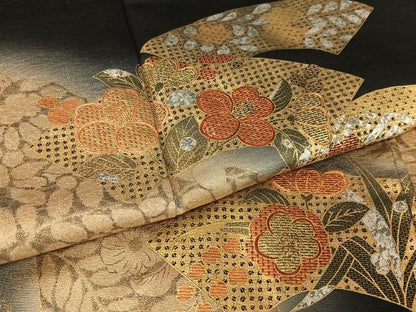 平和屋着物●訪問着 刺繍 地紙重ね花文 暈し染め 黒地 金彩 正絹 逸品 AAAY0278zg