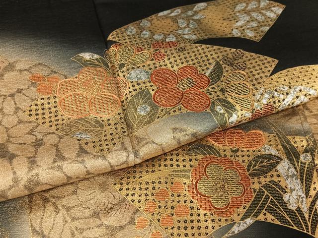 平和屋着物●訪問着 刺繍 地紙重ね花文 暈し染め 黒地 金彩 正絹 逸品 AAAY0278zg