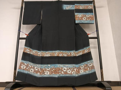 平和屋着物●訪問着　辻が花紋様　暈し染め　黒地　正絹　逸品　AABI2617cs
