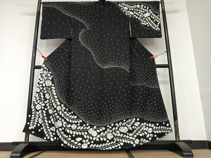 平和屋着物●訪問着　辻が花　手描き　絞り　黒地　正絹　逸品　AAAY0301zg