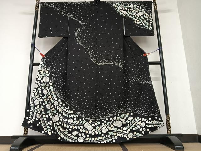平和屋着物●訪問着　辻が花　手描き　絞り　黒地　正絹　逸品　AAAY0301zg