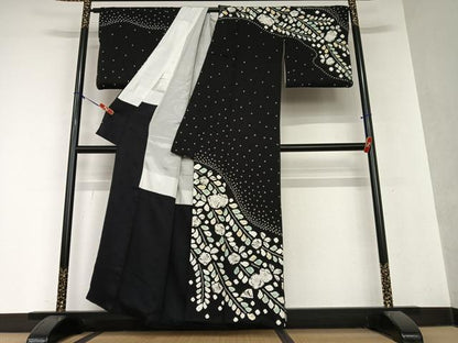 平和屋着物●訪問着　辻が花　手描き　絞り　黒地　正絹　逸品　AAAY0301zg
