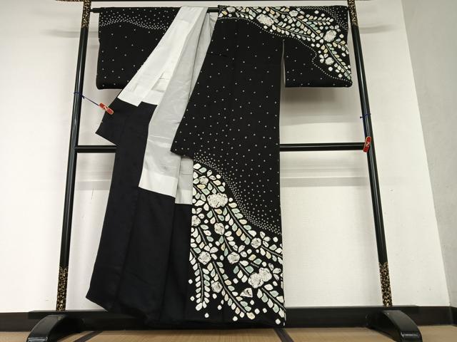 平和屋着物●訪問着　辻が花　手描き　絞り　黒地　正絹　逸品　AAAY0301zg