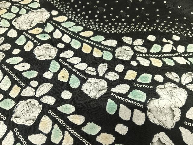 平和屋着物●訪問着　辻が花　手描き　絞り　黒地　正絹　逸品　AAAY0301zg